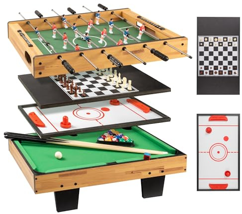 OSHYLE 4 in 1 Multitisch Spieltisch für Kinder & Erwachsene - Mini Tischkicker, Billard, Airhockey & Schach - Platzsparendes Kombi Tischspiel Set für Familie & Party (69x41cm)