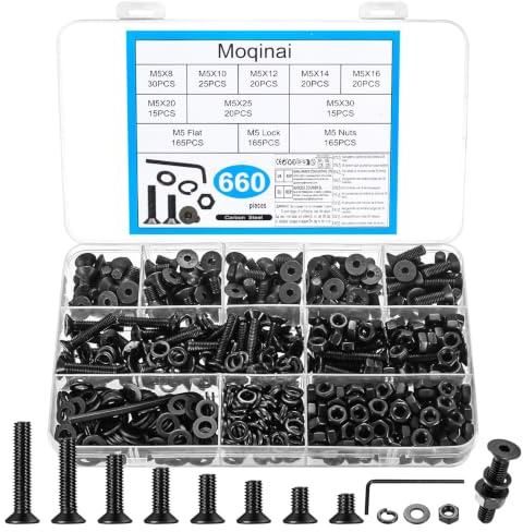 Moqinai 660 Stück M5 Schrauben Set, Senkkopfschrauben mit Innensechskant Muttern Set, Kohlenstoffstahl Maschinenschrauben Sortiment, metrisches Gewindeschrauben Set mit Unterlegscheibenn