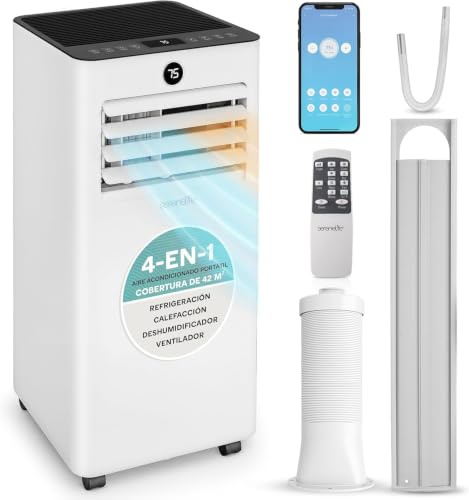 SereneLife Aire Acondicionado Portátil 9000 BTU 2.93 kW con Tubo de Escape, Unidad 4 en 1 con WiFi, Enfriamiento, Calefacción, Ventilador y Deshumidificador, para Habitaciones hasta 31 m