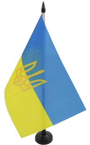 AZ FLAG Bordsflagga Ukraina med vapen 21x14 cm 100D Polyester Plastfot