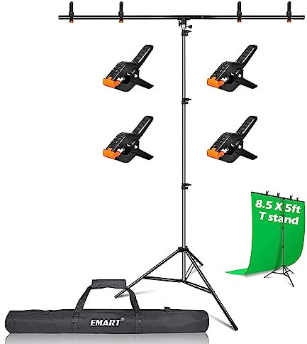 EMART T-Shape Backdrop Stand Kit 1.5m x2.6m/5ft x 8.5ft (WxH), Height Adjustable Portable Photo Background Support with 4 Spring Clamps for Streaming, Photography, Party, Wedding