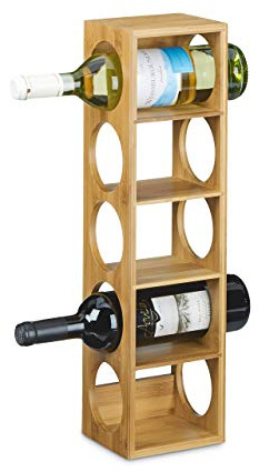 Relaxdays Weinregal Bambus, HxBxT:53x14x12cm, Flaschenhalter 5 Fächer, Holzregal für Wein, stapelbar, Natur