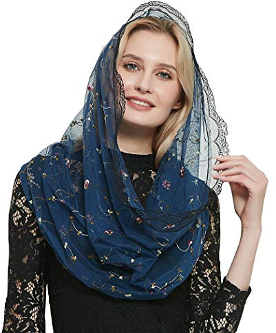 Leimandy Velo ortodoxo para cubrir la cabeza con flores bordadas, capilla católica, velo Mantilla V50, Azul marino, Único