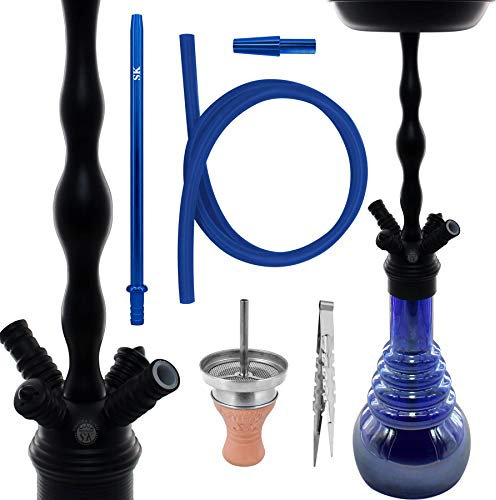 Shisha King | SKS 610 Shisha 78cm, Set mit Schlauch, Tonkopf, Mundstück, Kopfaufsatz & Kohlezange | Black/Blue Shining