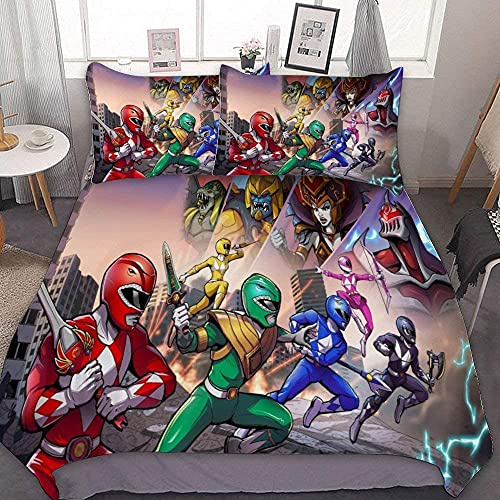 Nichiyobi Power Rangers Bed Linen Set, Duvet Cover and Pillow Case, Microfibre, 3D Digital Print, Three-Piece Bed Linen Set, 135 x 200 cm, 50 x 75 cm (x2))