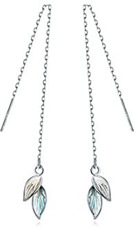 Reffeer Solide 925 Sterling Silber Blatt Baumeln Ohrringe für Frauen Blatt Tropfen Ohrringe Einfädler Ohrringe Lange Ohrringe Kettenohrringe
