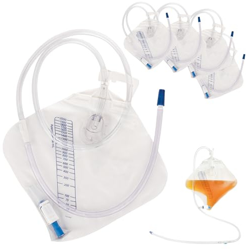 RUSCH Urine Drainage Bag with 18” Extended Tube (5 Pack) - Urine Bag with Anti-Reflux Chamber with Splash-Resistant Drain Spout - 2000 mL Vinyl Urine Bags for Men - 40 Tube Drainage - Stock Your Home