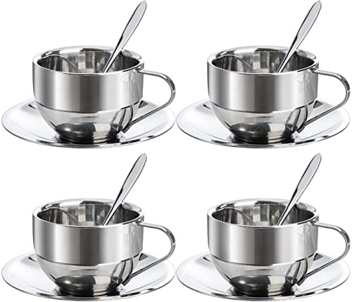 Okllen 4 Stück Edelstahl-Kaffeetassen-Set, 180 ml Kaffeetassen mit Löffel und Untertasse, doppelwandige Espressotassen Isolierbecher für Kaffee, Latte, Tee, Milch