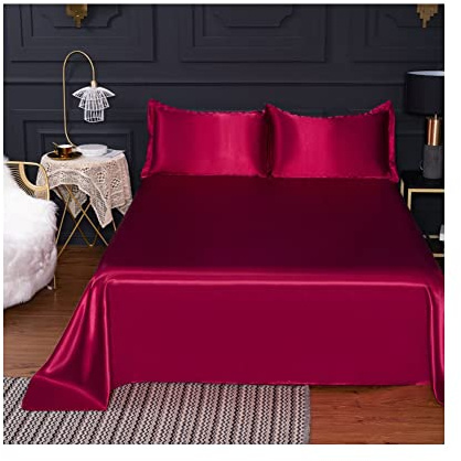 Fanxu Satin Bettlaken ohne Gummizug Betttuch 120X230cm 180X230cm 230X250cm Laken Flaches Blatt Glänzend weiche und Glatte Bettlaken schwarz blau rot braun lila (Color : Red, Size : 180X230cm)
