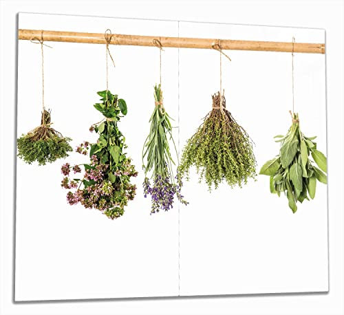 Wallario Herdabdeckplatte/Spritzschutz aus Glas, 2-teilig, 60x52cm mit 8mm hohen Füßen, für Ceran- und Induktionsherde, Verschiedene Kräuter an der Leine