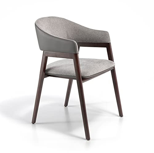 Angel Cerdá - Silla Comedor Tapizada en Tela Gris y Polipiel Visón con Reposabrazos y Patas Madera Nogal - Diseño Moderno y Envolvente - Confort y Elegancia para Salones y Comedores - 55x58x79 cm