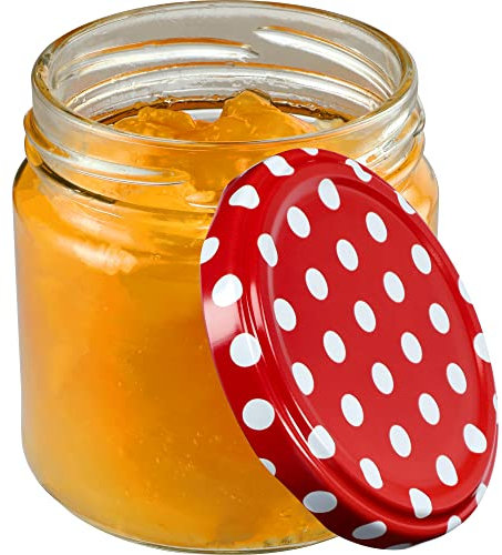 KADAX Tarros Pequeños de 200 ml, Botes de Cristal con Tapa Hermética de 66 mm para Miel, Conservas, Especias y Mermeladas (10 Unidades, Puntos Rojos)