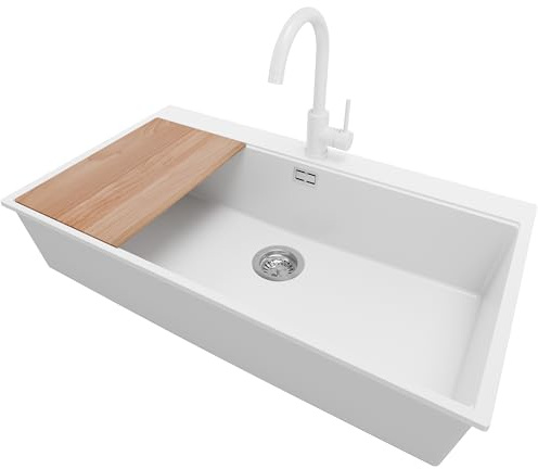 PRIMAGRAN Fregadero Granito al Mueble 90cm + Grifo, 88x50cm | Set: Grifo BW5010 + Kit de desagüe + Tabla de Cortar + Oslo 90 Top 1 Seno para Cocina, Blanco