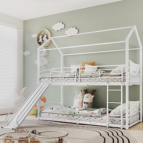 KUAKE Telaio in metallo per bambini, 90 x 200 cm, letto a castello con scala ad angolo retto, scivolo, letto per ragazzi con protezione anticaduta e griglia, bianco