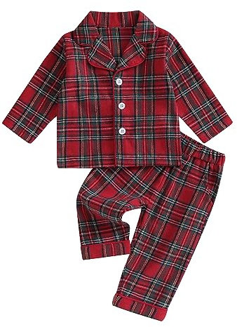 Geagodelia Toddler Baby Boy Girl Pajamas Set Fall Winter Plaid Outfits Kids Button Long Sleeve Shirt Trouser Pjs Sleepwear (Red, 6-12 Months)