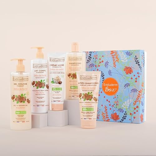 EVOLUDERM – Coffret Cadeau Corps & Cheveux Délice de Karité – 5 produits + Gant Offert – Origine Naturelle - Végan – Made in France - Idéal cadeau Noël, Anniversaire, Fête des Mères (Spring)