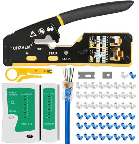RJ45 Crimp Tool Kit Pass Through Crimper Ethernet Crimping kit Stripper Cutter Crimper All-in-One for 8P RJ45 Cat5 Cat6 6P RJ11/12 Telephone Connectors with Cable Tester