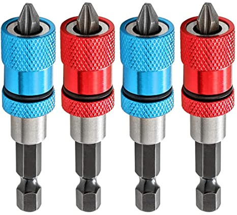 Saipor 4 Stück Bithalter magnetisch mit einstellbarer Schraubentiefe Sechskant 1/4 Zoll Drywall Screwdriver Bit Holder inkl. 4 Schraubendreherköpfe PH2 für Trockenbau Bit (rot + blau)