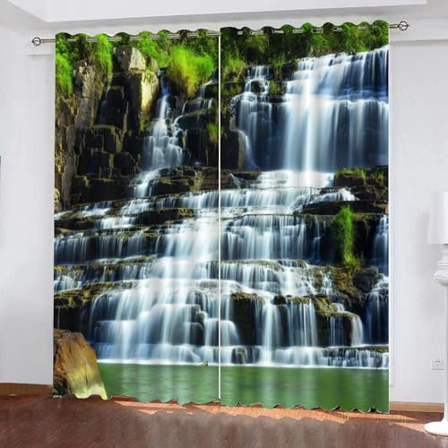 GIOVIA 3D Wasserfall Vorhänge Abdunkelnde mit ösen 2 Stücks Gardinen Blickdicht Verdunkelungs Natur Wasserfall Kälteschutz Scheibengardinen für Junge Mädchen Schlafzimmer B 280 X H 260 cm