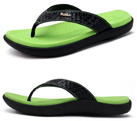 KuaiLu Flip Flops damer läder tåseparator för sommar strand kvinnor bekväm yoga matta tanga sandaler för plantar fasciit, Grön svart, 40 EU