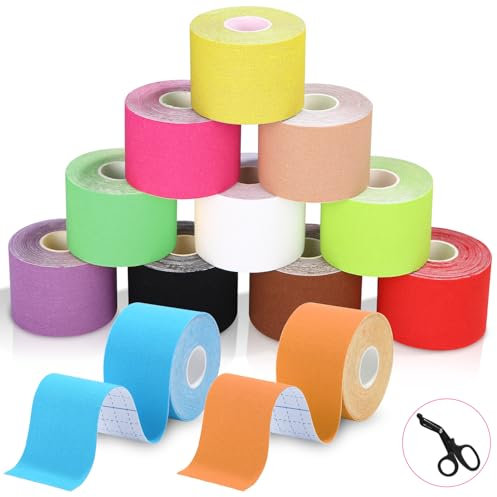 TIDEVAN 12 Rotoli Nastro Kinesiologico Sportivo Kinesio Taping 5m x 5cm Kinesio Tape, con Forbici Professionali Impermeabile per Ginocchio,Spalla e Gomito,Impermeabil, Traspiranti, Misto Colori