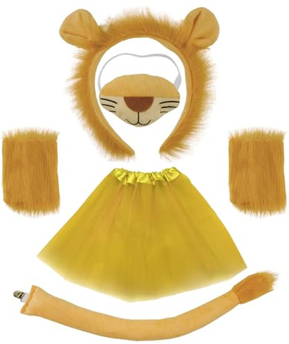 FUIPVGI 5 Stück Löwenkostüm,Löwenohren Stirnband Löwenschwanz Nase Klaue Handschuhe und Röcke,Löwe Fancy Dres für Kinder Erwachsene Halloween Cosplay Geburtstag Karneval Tier Thema Party (Löwe)