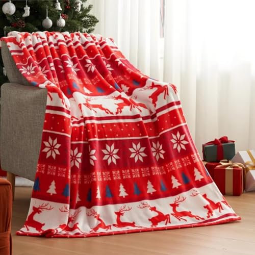 Weihnachten Kuscheldecke Flauschig 150x220cm, Rot Rentier Schneeflocken Weihnachtsdecke Weihnachtsmotiv Winterdecke, Super Weiche Warme Wohndecke Fleecedecke Sofadecke, Weihnachtsdeko für Familie