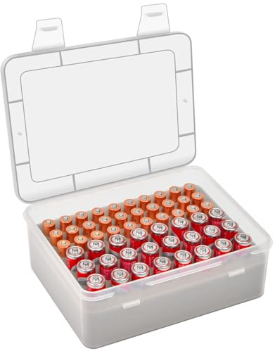 Akku Organizer Box mit Schwammhalter für 24 AA und 30 AAA, Weiß | Fester Schwammhalter für geordnete Aufbewahrung in Garage, Werkstatt oder Schrank; Nur Box, ohne Batterien