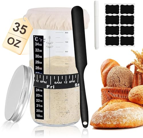 Surdeg startset – 1 000 ml surdegglas – fermenteringsglas med silikonspatel, dadlar foderband, temperaturband, lock, jäshandduk, 8 etiketter, pennor, återanvändbara brödbakningstillbehör