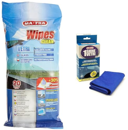 Mafra - Wipes Clean Salviette per Vetri Auto, Panni Monouso Ideali per Parabrezza e Schermi LCD + 1Shine Vetri Panno in Microfibra per Vetri, Elimina lo Sporco e Non Rilascia Aloni, H0377+A0216
