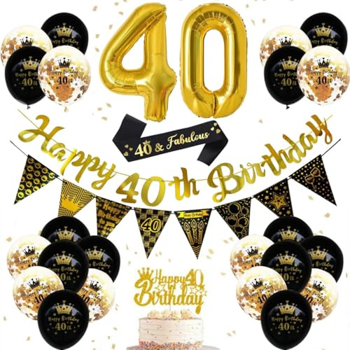 40th Birthday Decorations for Women & Men – Black and Gold Party Supplies with Happy Birthday Banner, 32 Inch Gold Number Balloons, Confetti Balloons, Sash, Cake Topper & Triangle Bunting