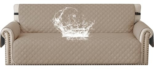 YSTELLAA 100% Wasserdicht Sofa Überzug 3 Sitzer, Sofabezug rutschfest, Gesteppte Sofaüberzug Mit Seitentaschen, Couchschoner, Couch Überzug Kratzfest Für Haustiere Hunde Katzen, Hellbraun