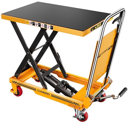 CAMMOO Foldable Hydraulic Lift Table Cart, 330lbs Capacity, 28.5 Lifting Height, Single Scissor Lift with Non-Slip Pad & Thickened Scissors Design for Material Handling and Transportation, Yellow