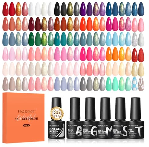 PEACECOLOR 40pcs Vernis Semi Permanent, 35 Couleurs Vernis Gel UV Semi Permanent Blanc Rouge Rose Bleu avec 5pcs Base Top Coat Vernis à Ongles Soak Off Gel Polish pour Salon DIY Débutant