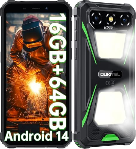 OUKITEL G5 - Telephone Incassable 16+64GO,Android 14 Smartphone Incassable IP68,6.0 HD, 6300mAh Telephone Portable Incassable Double Lampe Camping,13MP Caméra,4G Dual SIM/GPS/NFC/2Ans Garantie,Vert