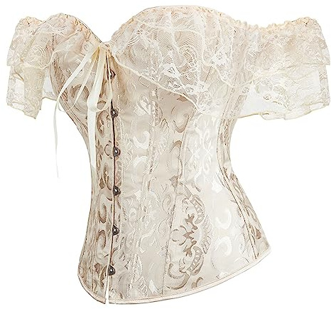 Corset Blanco Talla Grande Corsé Vintage con Cordones Clásico Flores Corse Pirata Chaleco Medieval de Encaje Bustier Moldeador Elegante Corpiño Renacentista Halloween Carnava Cosplay Fiesta S-6xl