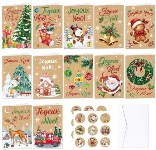 Yontree 12 Cartes de Vœux Joyeux Noël avec Enveloppes, joyeux noël Cartes de Vœux – Cadeau Festif pour Famille, Amis et Collègues (Joyeux Noël-2)