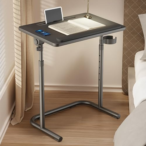 VOLDAX Beistelltisch mit Rollen Pflegetisch Höhenverstellbar Betttisch Klappbarer Laptoptisch, 59-75cm Gestell aus Metall Sofatisch für Wohnzimmer Schlafzimmer(Black)