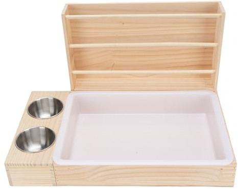 Gonetre 3-in-1-Heufutterautomat für Kaninchen mit Katzentoilette und 2 Schüsseln, Großes Fassungsvermögen, Heukrippe aus Holz für Meerschweinchen und Kleine Haustiere, Massivholz,