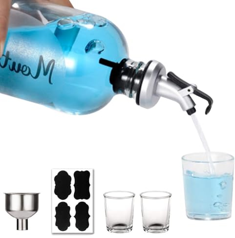Dispensador De Enjuague Bucal - Juego De 2 Botellas De Vidrio Transparente con Boquilla Vertedora, 2 Vasos De Chupito, Embudo De Acero Inoxidable Y Etiquetas – Contenedor Recargable para Baño