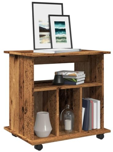 Ziaphsol Rullcontainer gammalt träutseende 60 x 45 x 60 cm, trämaterial, mobil, med öppet förvaringsutrymme, mångsidig användning för kontor, kök, vardagsrum, hållbart material