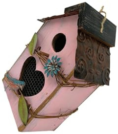 osiuujkw Casa para pájaros rústica con Forma de cabaña de Campo, decoración para Exteriores, casa para pájaros Colgante para Exterior, Hecha Madera, Refugio para Madera, decoración para