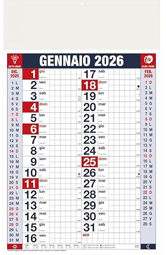 Kartoflak - Calendario Olandese 2026 da Muro Parete Trimestrale, 12 Mesi, Numeri Grandi, Spazio Note, Fasi Lunari, Festività e Santi Carta Ecologica – Ufficio,Casa e Idea Regalo (Quadretti Rosso-Blu)