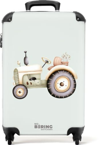 NoBoringSuitcases.com® Valise Cabine Enfant 55x35x20 cm Trolley Bagage A Main Voyage Legere Carry on Luggage Rigide Solide Suitcase 4 Roues Tracteur - Vintage - Beige - Vert - Pastel