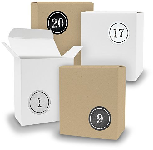 DIY itenga Adventskalender Set V09 zum Selberbefüllen 24x Schachtel in Quader-Form gemischt WEISS BRAUN Boxen + ZahlenSticker (Motiv Z04 Grautöne Stempeldesign)
