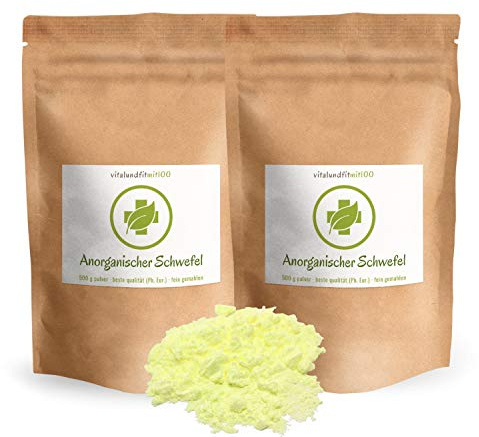 vitalundfitmit100 Anorganischer Schwefel Pulver 1 kg (2 x 500 g) – Ph. Eur. 99,9%, Sulfur