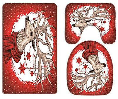 A.Monamour Badezimmer Badematte 3 Teilig Set Rote Weihnachten Urlaub Rentier Kopf Kunst Wc Sitzbezüge Kissen Pads Für Toilettenzubehör Flanell Saugfähig Badteppiche Badvorleger Badgarnitur WC Vorleger