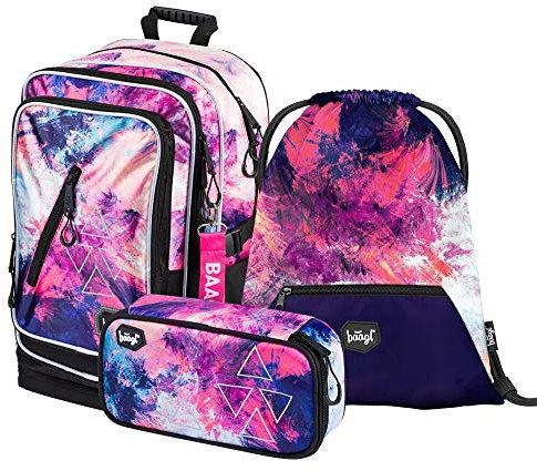 Baagl Schulrucksack Set Mädchen 3 Teilig - Schultasche ab 3. Klasse - Grundschule Ranzen mit Brustgurt - Ergonomischer Schulranzen (Abstract)