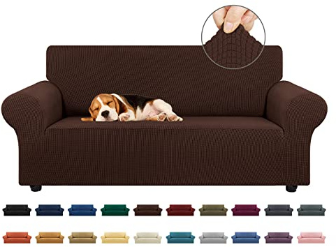 KEKUOU Stretch Loveseat Sofa Cover Slipcover,Couch Covers for 2 Cushion Couch Sofa (55-78) Furniture Protector Sofa with Elastic Bottom for Kids,Dog. Jacquard Small Checked (Medium,Chocolate)