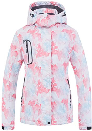 CREATMO US Damen Mountain Wasserdichte Skijacke Winddicht Snowboardjacke Warm Wintermantel Regenmantel, Rosa bedruckt, XL